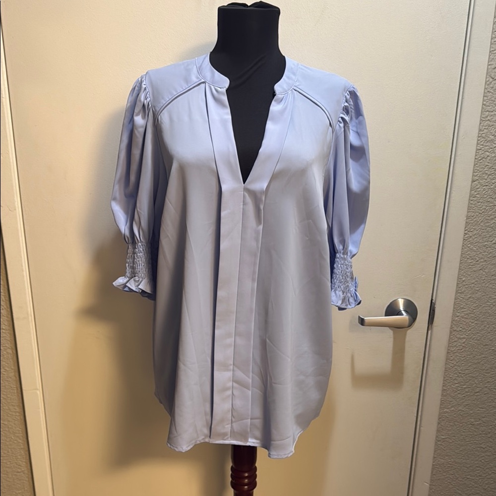 Blue Boxy 3/4 Sleeve Blouse with Mandarin Collar